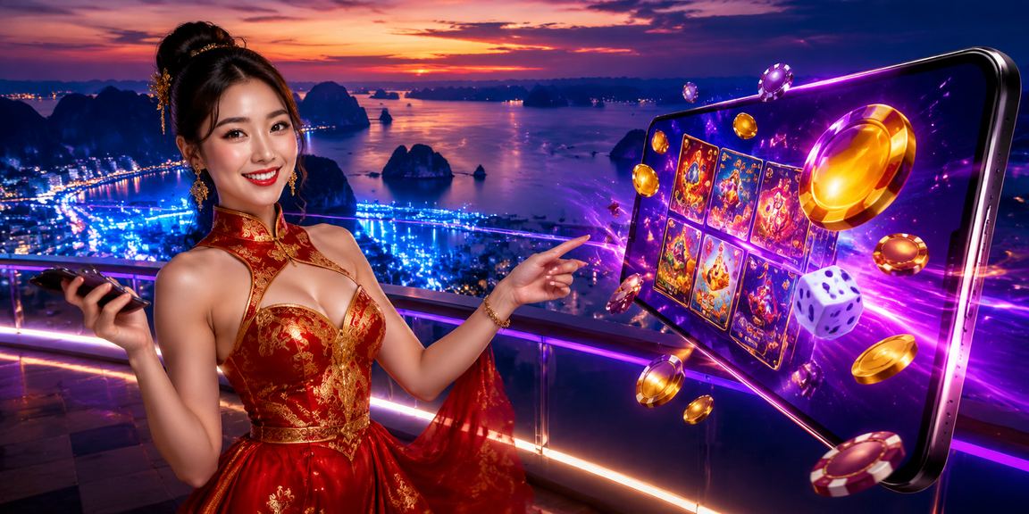 Người chơi tại Hạ Long thực hiện giao dịch thanh toán qua điện thoại với nền đèn neon về đêm